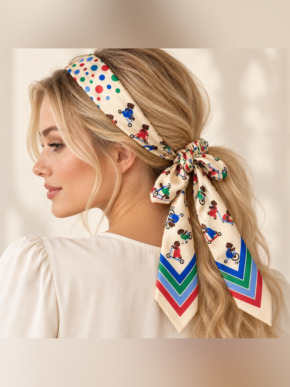Gucci Silk Headband Scarf with Multicolor Dots and Bear Print